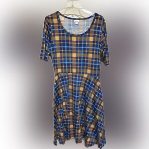 LuLaRoe Brown & Blue Plaid 3/4 Sleeve Nicole Dress - Size XL
